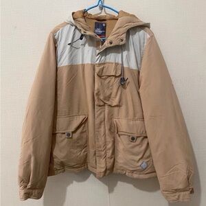 Lee Men’s Two-Tone Hooded Puffer Jacket in Beige and Cream